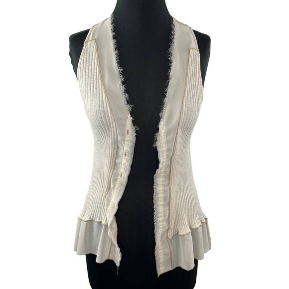 TINY Cream Fringe Semi-Sheer Trim Ribbed Knit Cotton Blend Sleeveless Vest XS? - Picture 1 of 8